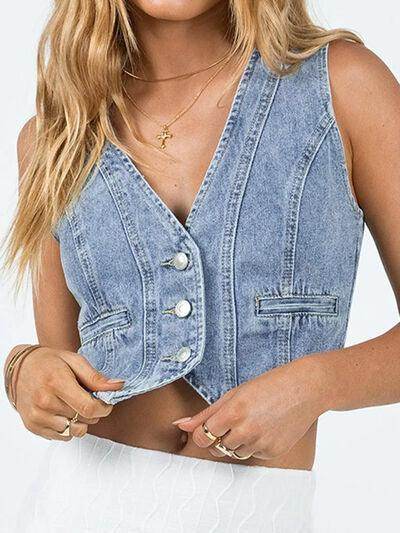 Button Up Sleeveless Denim Top for Effortless Style - Selvanelle