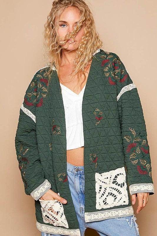 POL Embroidered Open Front Quilted Jacket with Crochet Pockets - Selvanelle