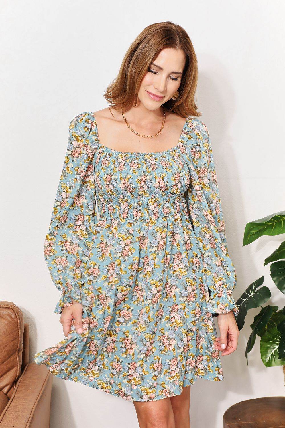Honey Floral Smocked Flounce Sleeve Square Neck Dress - Selvanelle