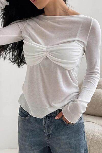 Ruched Round Neck Long Sleeve Blouse for Women Fashion - Selvanelle