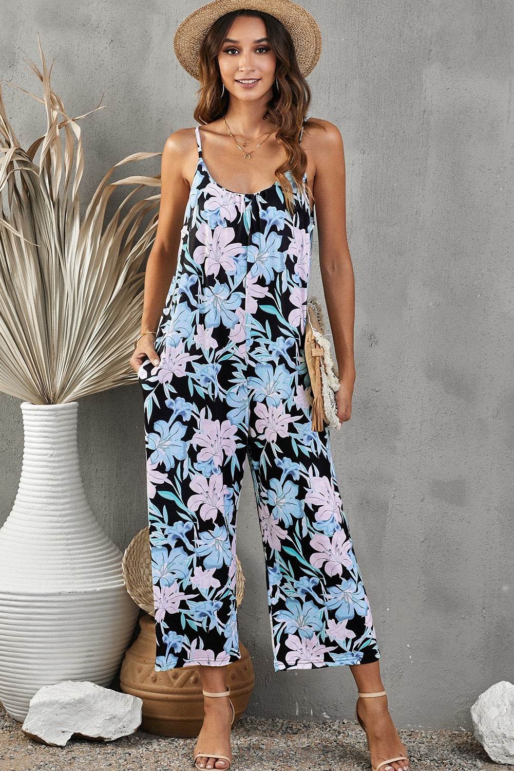 Botanical Print Spaghetti Strap Cropped Jumpsuit - Selvanelle