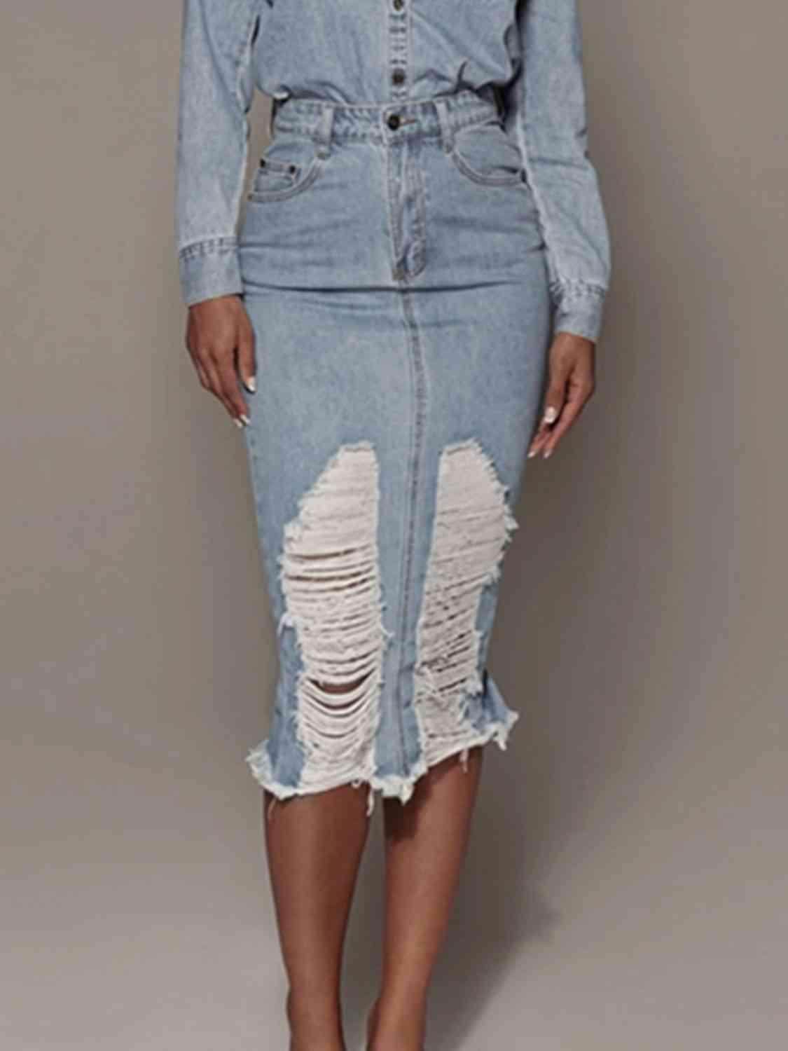 Distressed Slit Denim Skirt in 100 Percent Cotton Fabric - Selvanelle