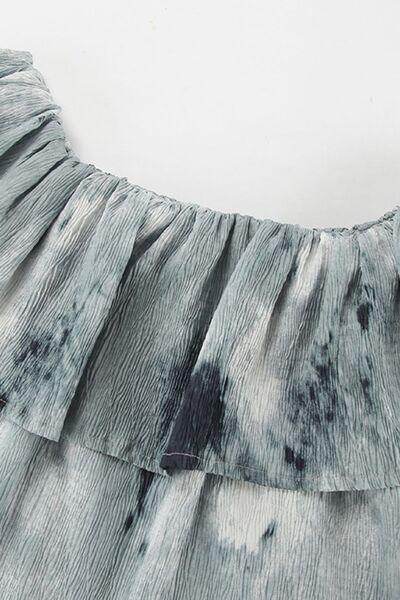 Printed Ruffled Off-Shoulder Blouse with Flower Neck Tie - Selvanelle