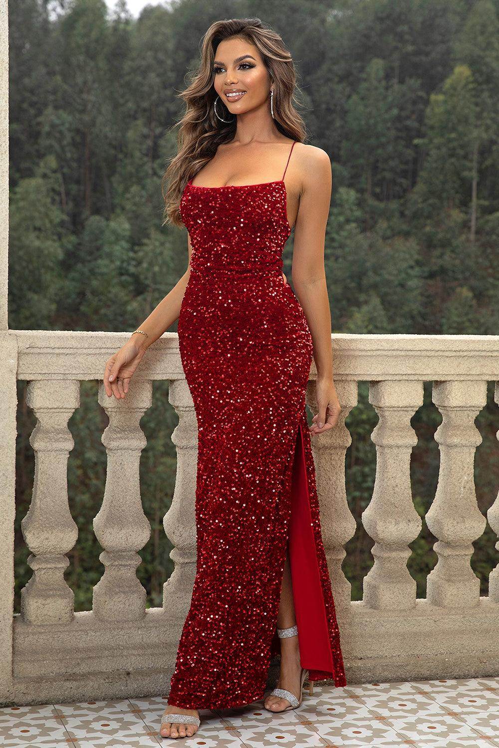 Sequin Backless Split Maxi Dress for Elegant Evening Wear - Selvanelle