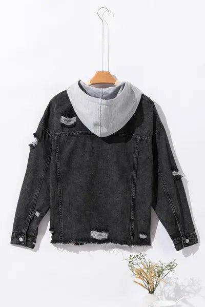 Distressed Drawstring Long Sleeve Hooded Denim Jacket for Women - Selvanelle