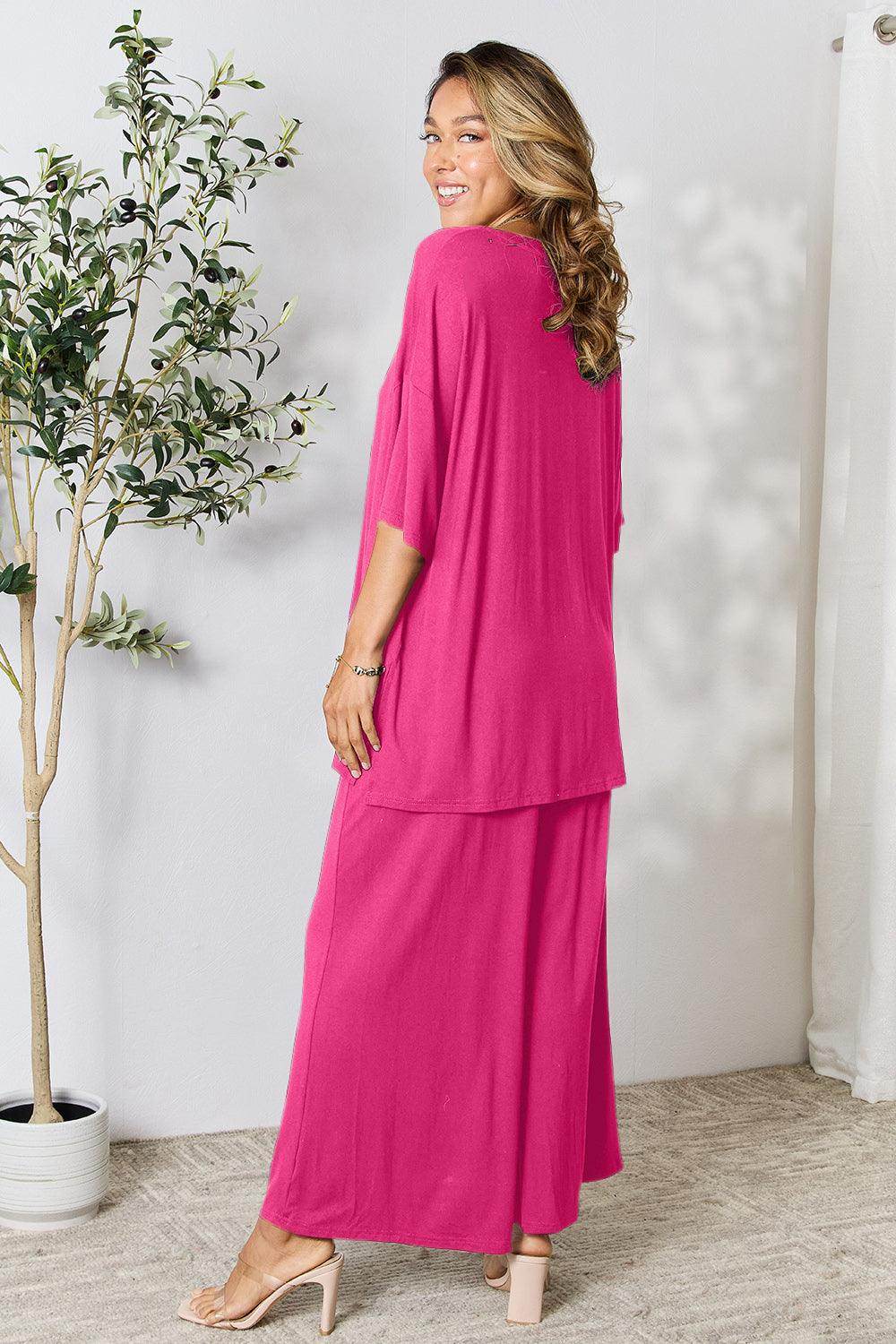 Double Take Full Size Round Neck Slit Top and Pants Set - Selvanelle