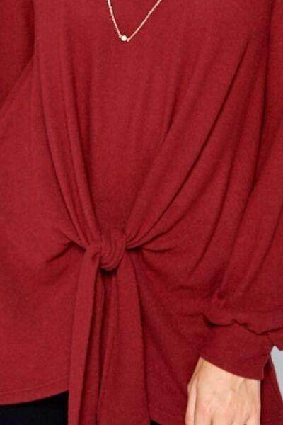 Super Lady Full Size Round Neck Knot Front Hacci Blouse - Selvanelle