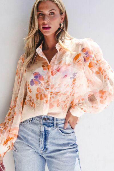 Printed Collared Neck Long Sleeve Shirt for Women Fashion - Selvanelle