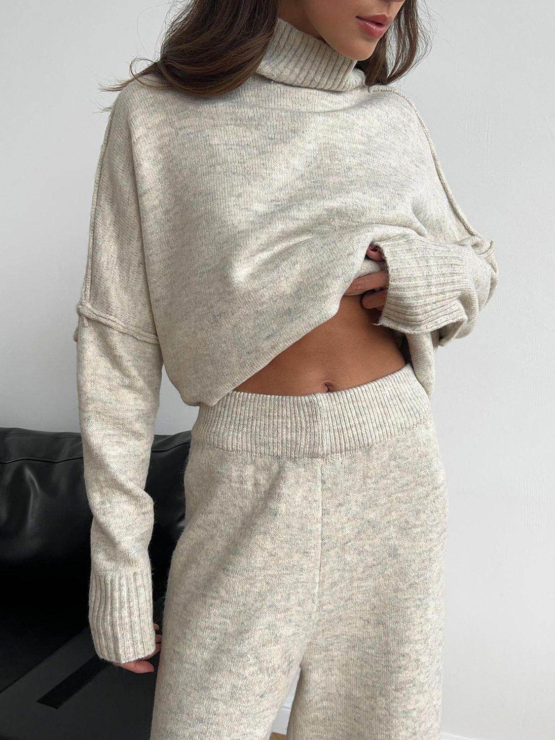 Slit Turtleneck Long Sleeve Top and Pants Sweater Set Outfit - Selvanelle
