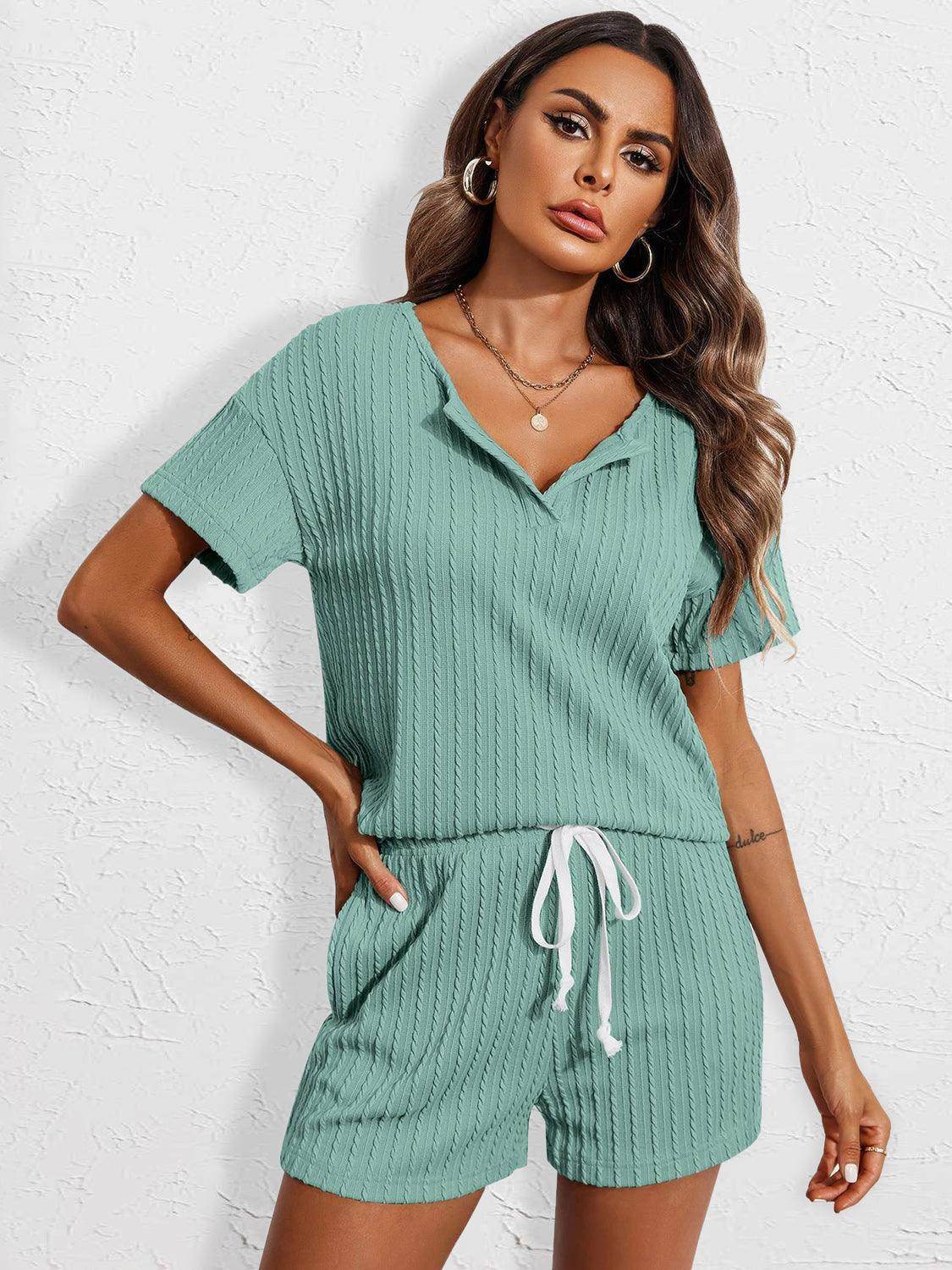 Notched Short Sleeve Top and Shorts Set for Women - Selvanelle