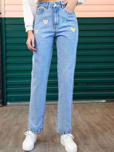 Heart Straight Leg Jeans with Pockets for Stylish Comfort - Selvanelle