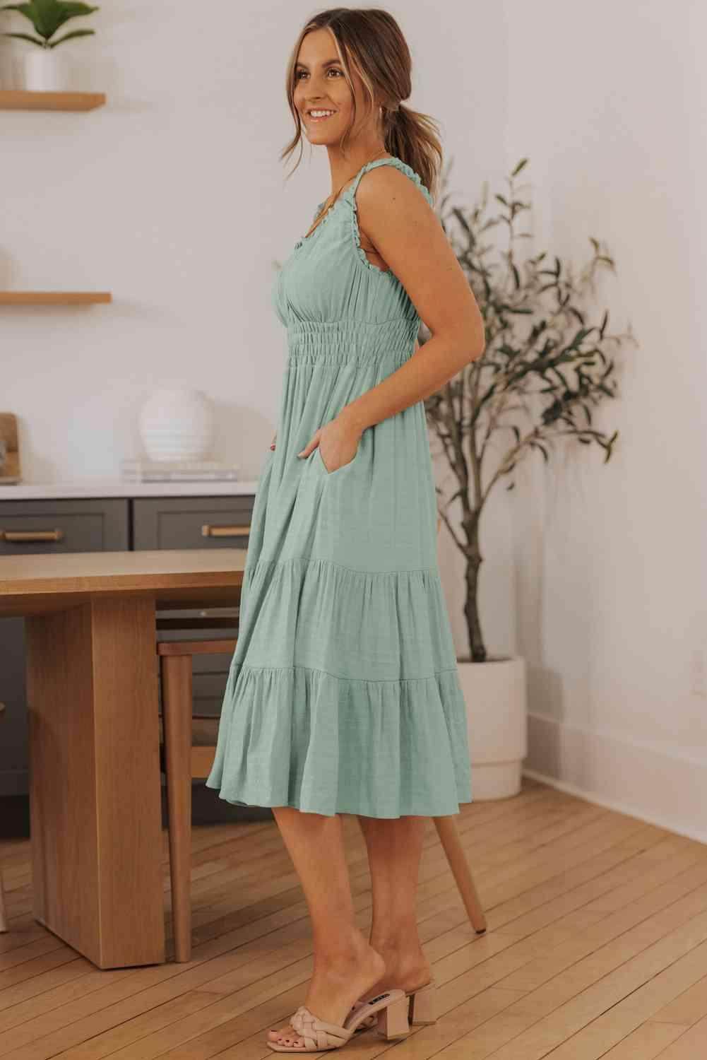 Smocked Waist Sleeveless Tiered Dress with Pockets Midi - Selvanelle