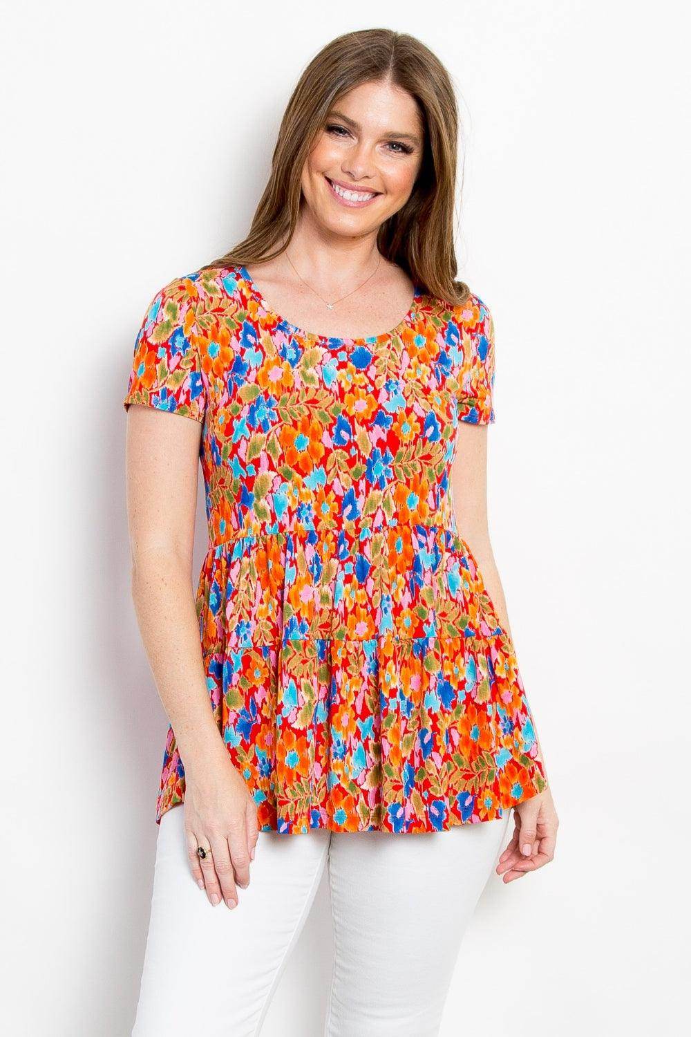 Be Stage Full Size Floral Short Sleeve Babydoll Top Women - Selvanelle