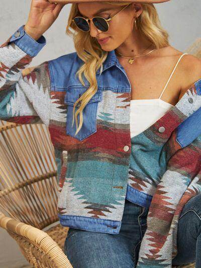 Geometric Button Up Dropped Shoulder Denim Jacket for Women - Selvanelle