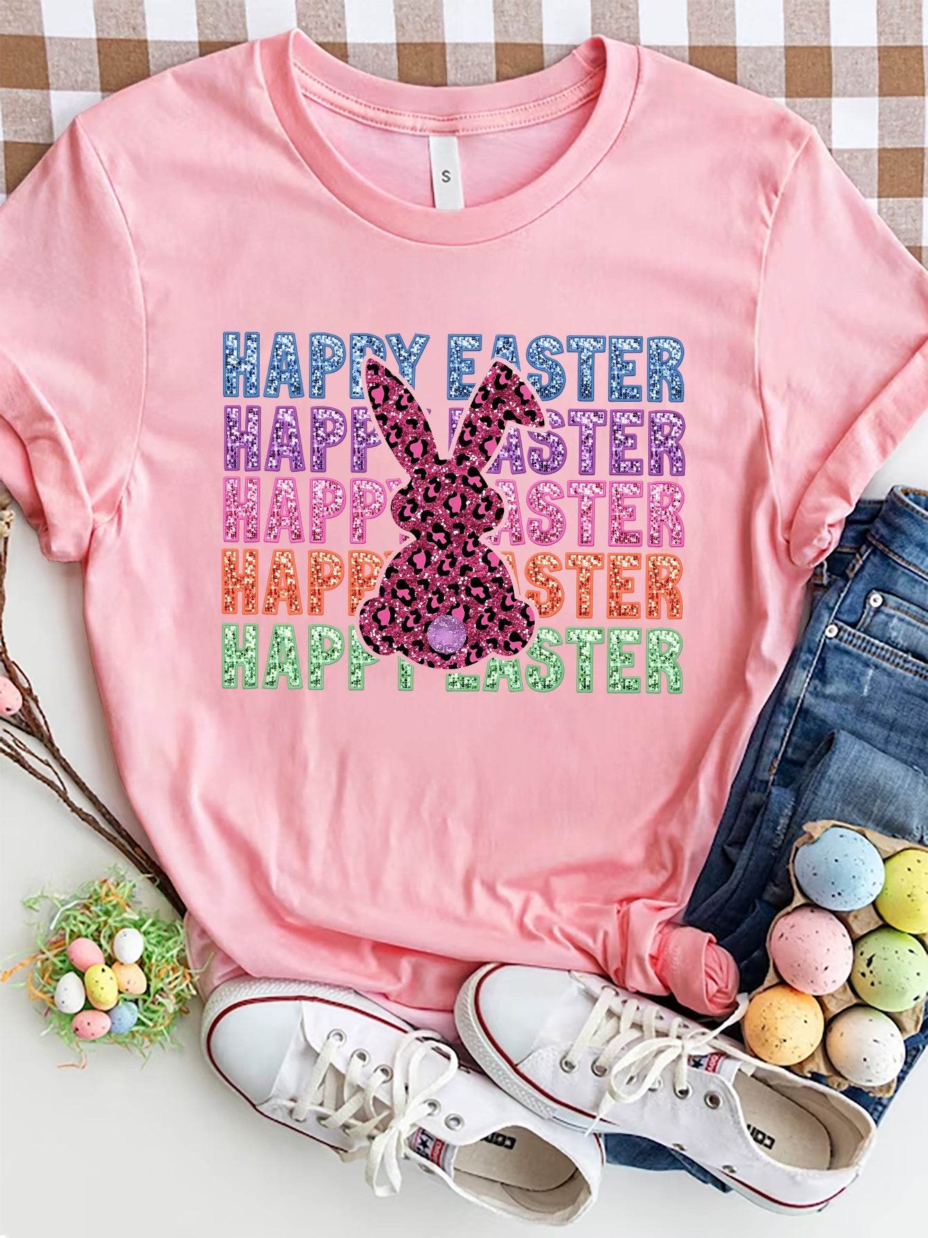 HAPPY EASTER Round Neck Short Sleeve T-Shirt - Selvanelle