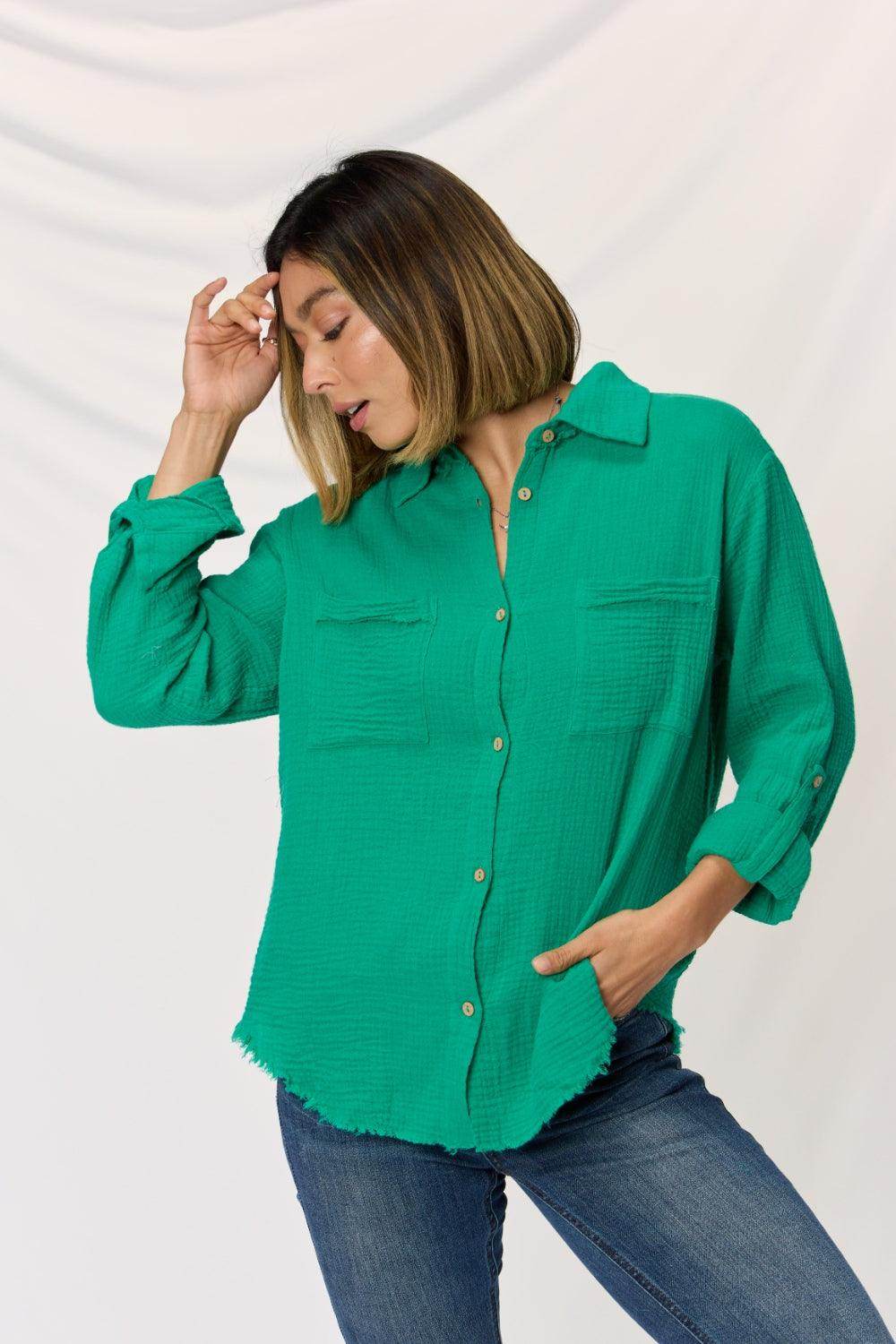 Zenana Texture Button Up Raw Hem Long Sleeve Shirt Style - Selvanelle