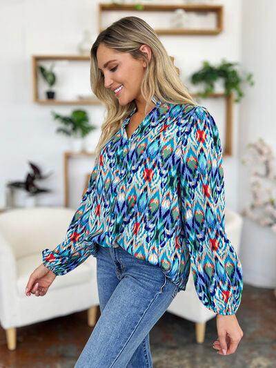 Double Take Full Size Printed Balloon Sleeve Blouse for Women - Selvanelle