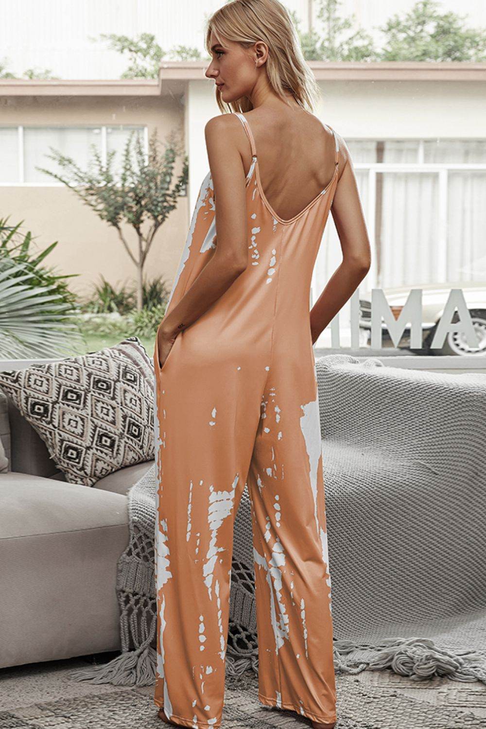 Shiny Tie-Dye Spaghetti Strap Jumpsuit with Pockets - Selvanelle