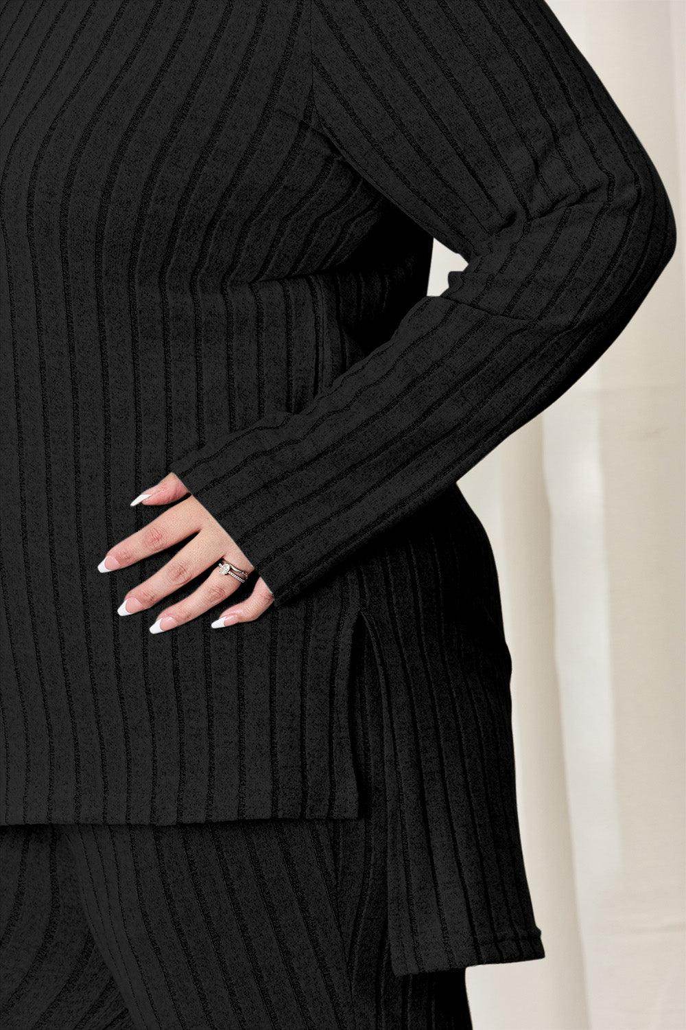 Basic Bae Full Size Ribbed High-Low Top and Wide Leg Pants Set - Selvanelle