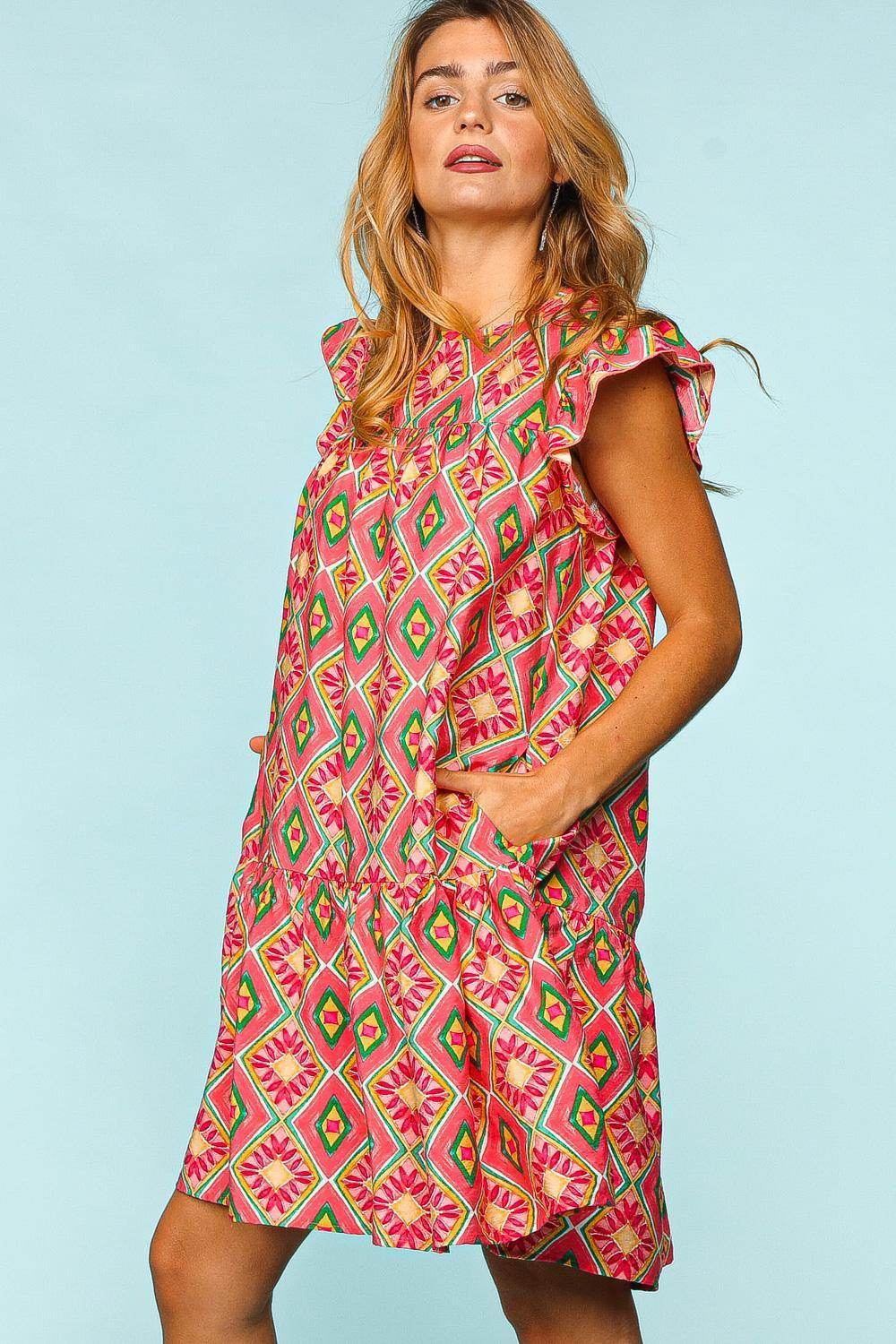Haptics Full Size Ruffled Printed Dress with Side Pockets - Selvanelle