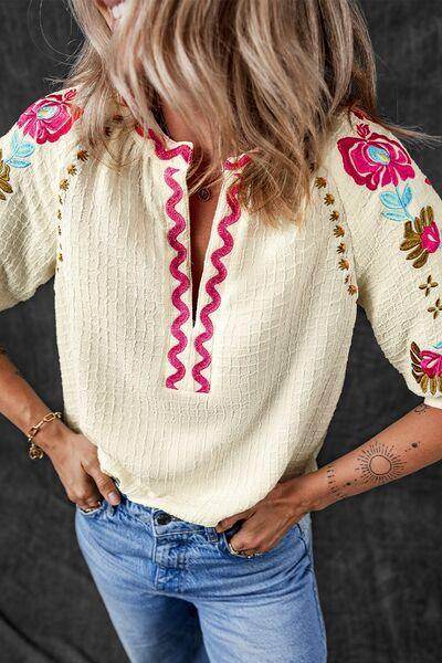 Floral Embroidered Notched Puff Sleeve Blouse for Women - Selvanelle