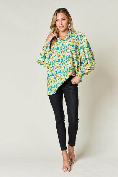Double Take Full Size Printed Smocked Long Sleeve Blouse - Selvanelle