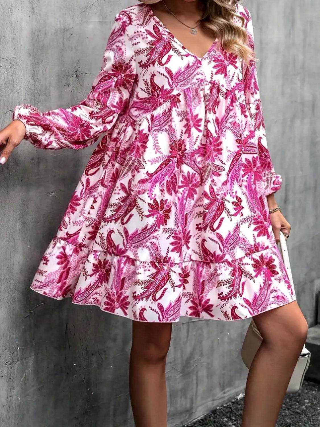 Floral V-Neck Balloon Sleeve Dress - Selvanelle