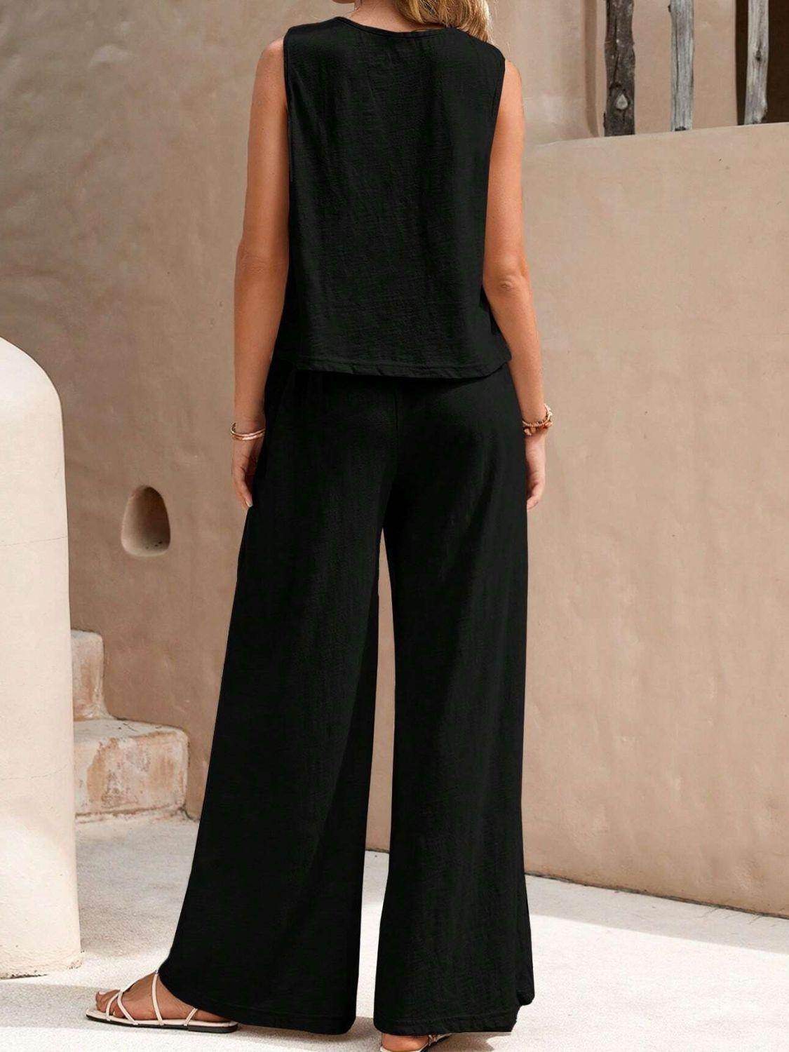 Stylish Round Neck Sleeveless Top and Wide Leg Pants Set - Selvanelle