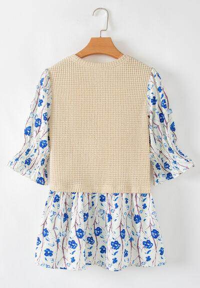 Waffle-Knit Printed Round Neck Flounce Sleeve Blouse for Women - Selvanelle
