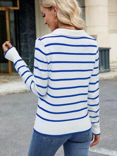 Striped Johnny Collar Long Sleeve Sweater for Women - Selvanelle