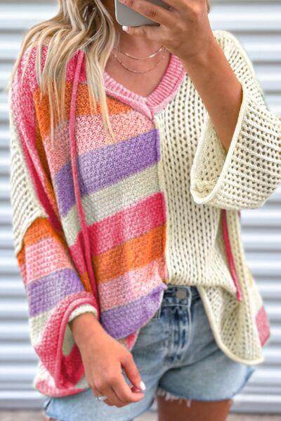 Openwork Color Block Hooded Sweater for Stylish Comfort - Selvanelle