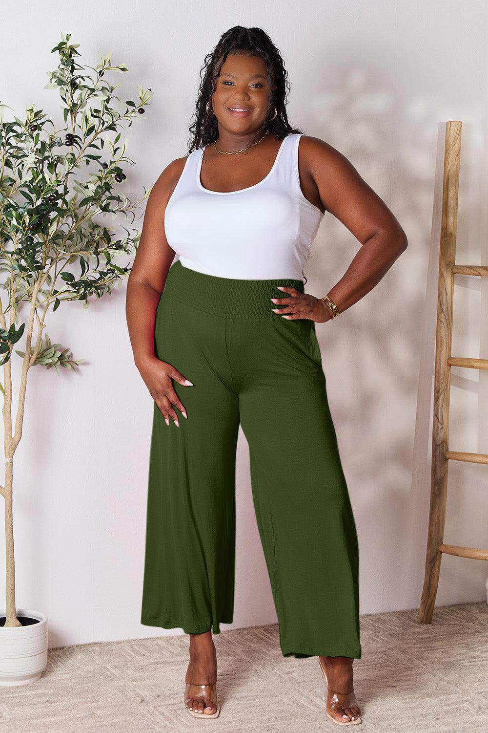Double Take Full Size Smocked Wide Waistband Wide Leg Pants - Selvanelle