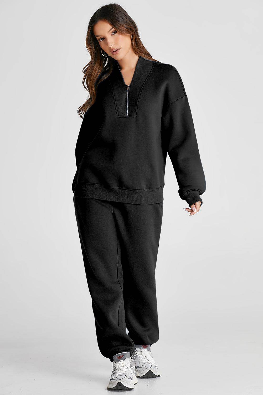 Quarter Zip Long Sleeve Top and Pants Set for Women - Selvanelle