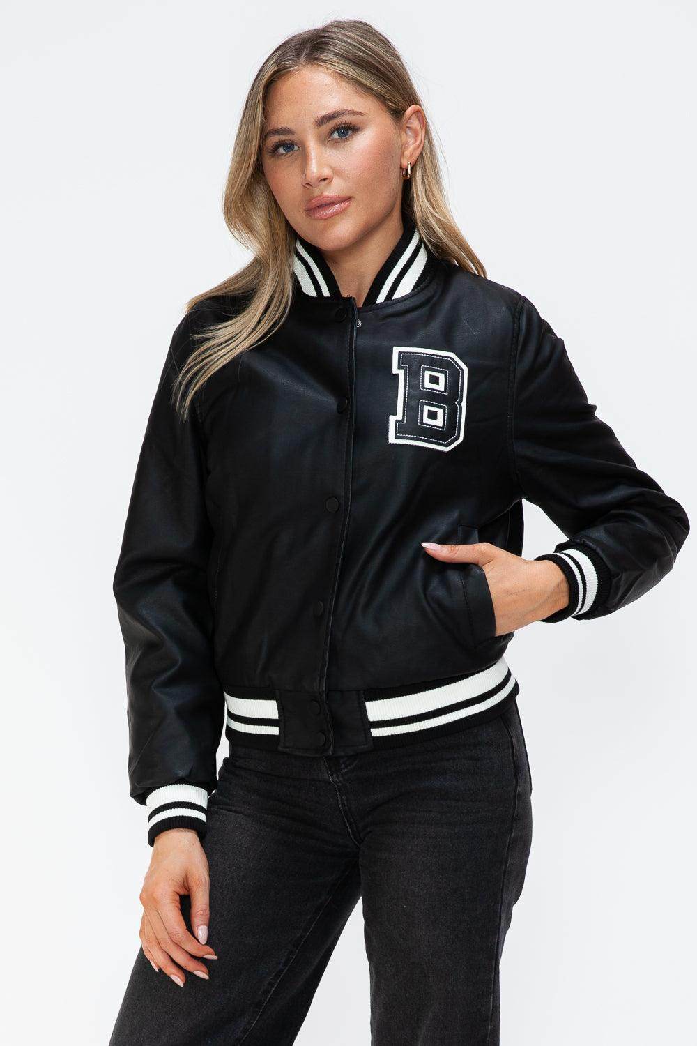 Love Me Now PU Leather Contrast Snap Down Bomber Jacket - Selvanelle