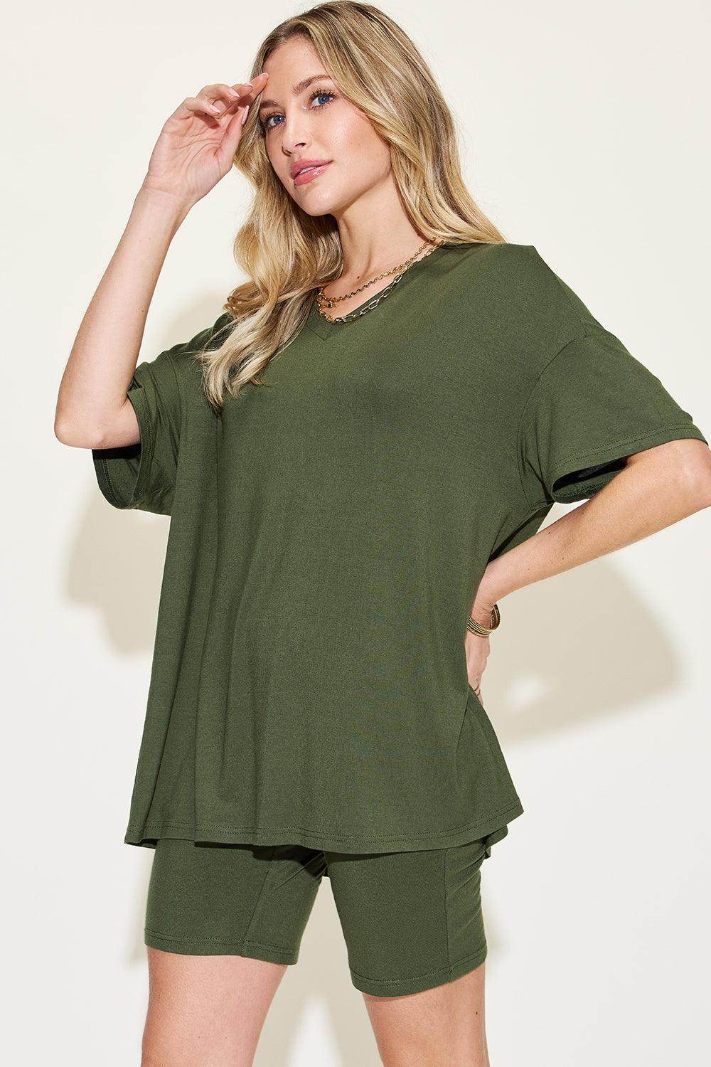 Basic Bae Full Size V-Neck Drop Shoulder T-Shirt Set - Selvanelle