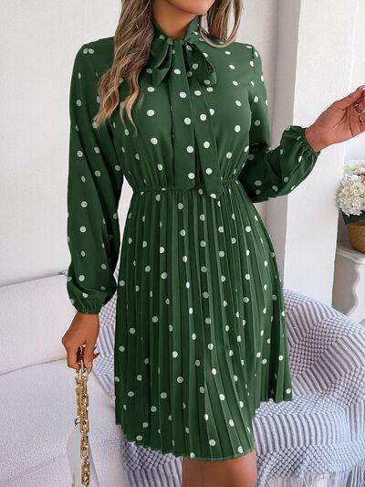 Polka Dot Tie Neck Pleated Dress for Stylish Occasions - Selvanelle