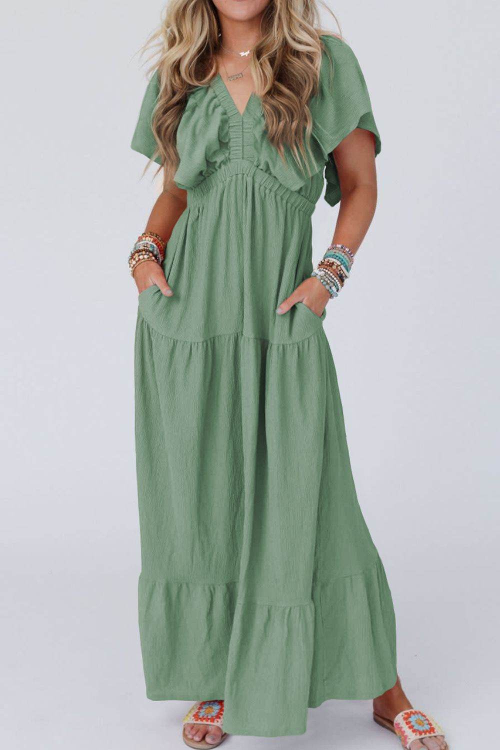 Ruffled V Neck Flutter Sleeve Maxi Dress - Selvanelle
