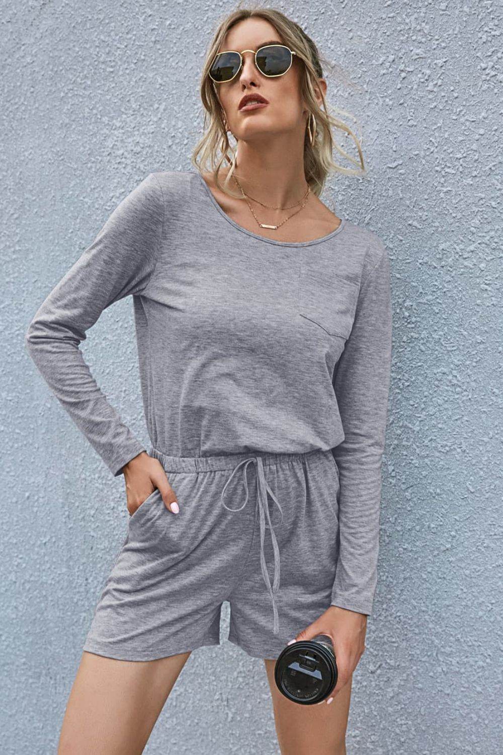 Drawstring Waist Long Sleeve Romper - Selvanelle