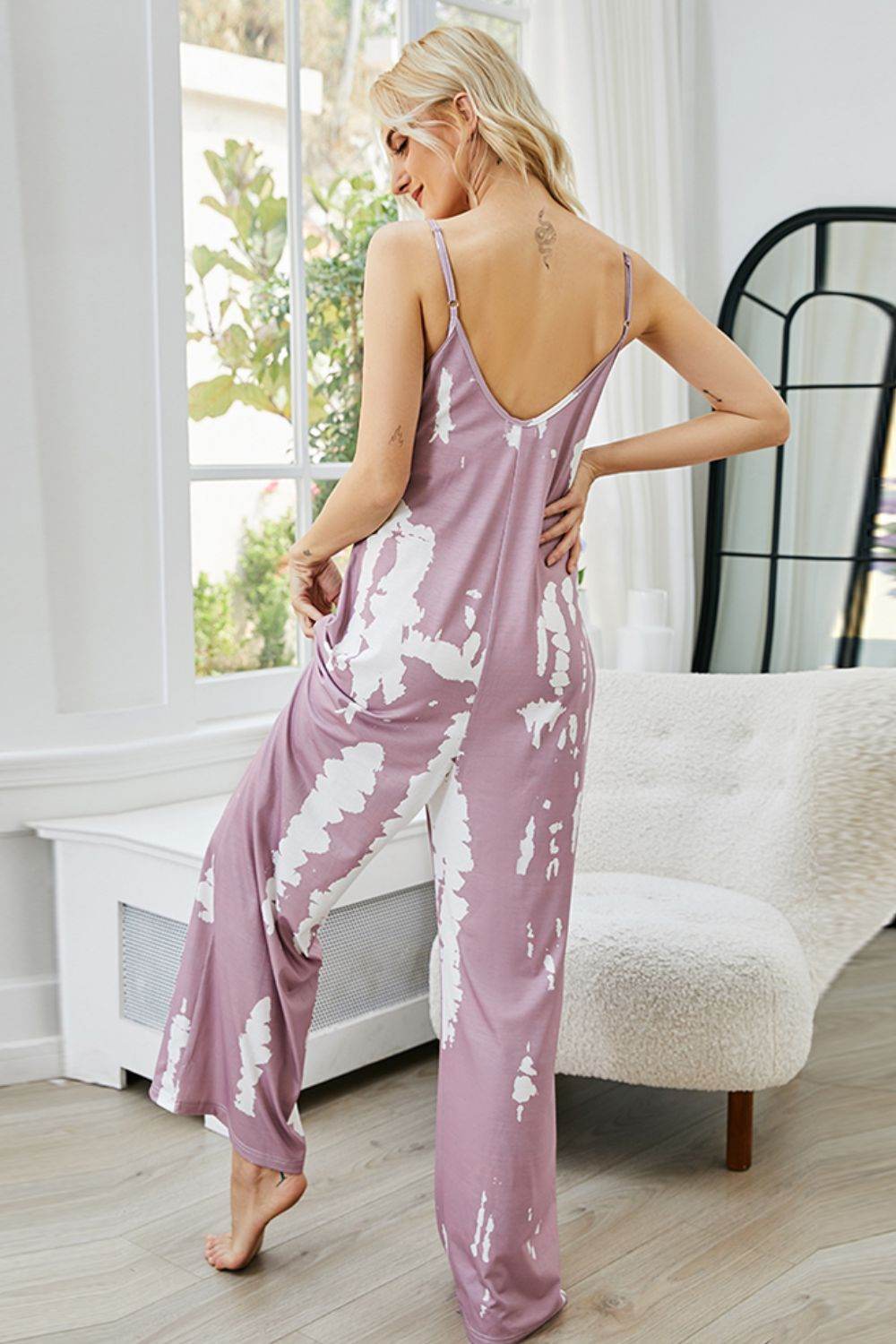 Shiny Tie-Dye Spaghetti Strap Jumpsuit with Pockets - Selvanelle