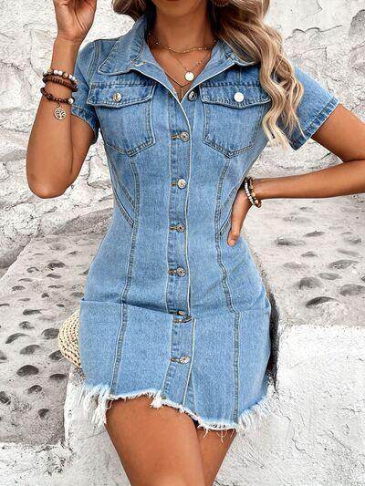 Raw Hem Button Up Short Sleeve Denim Dress for Women - Selvanelle