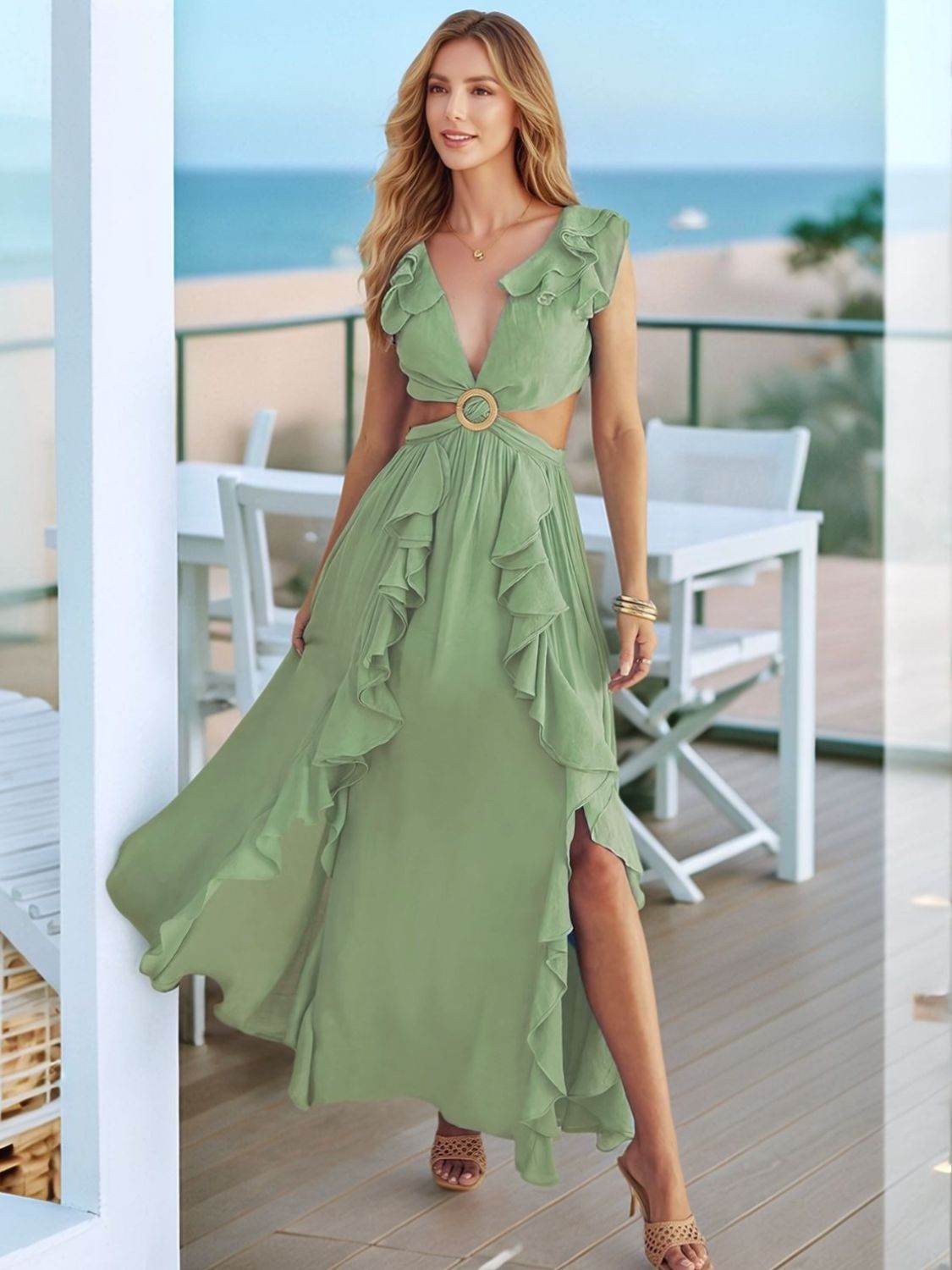 Cutout Ruffled Cap Sleeve Maxi Dress - Selvanelle