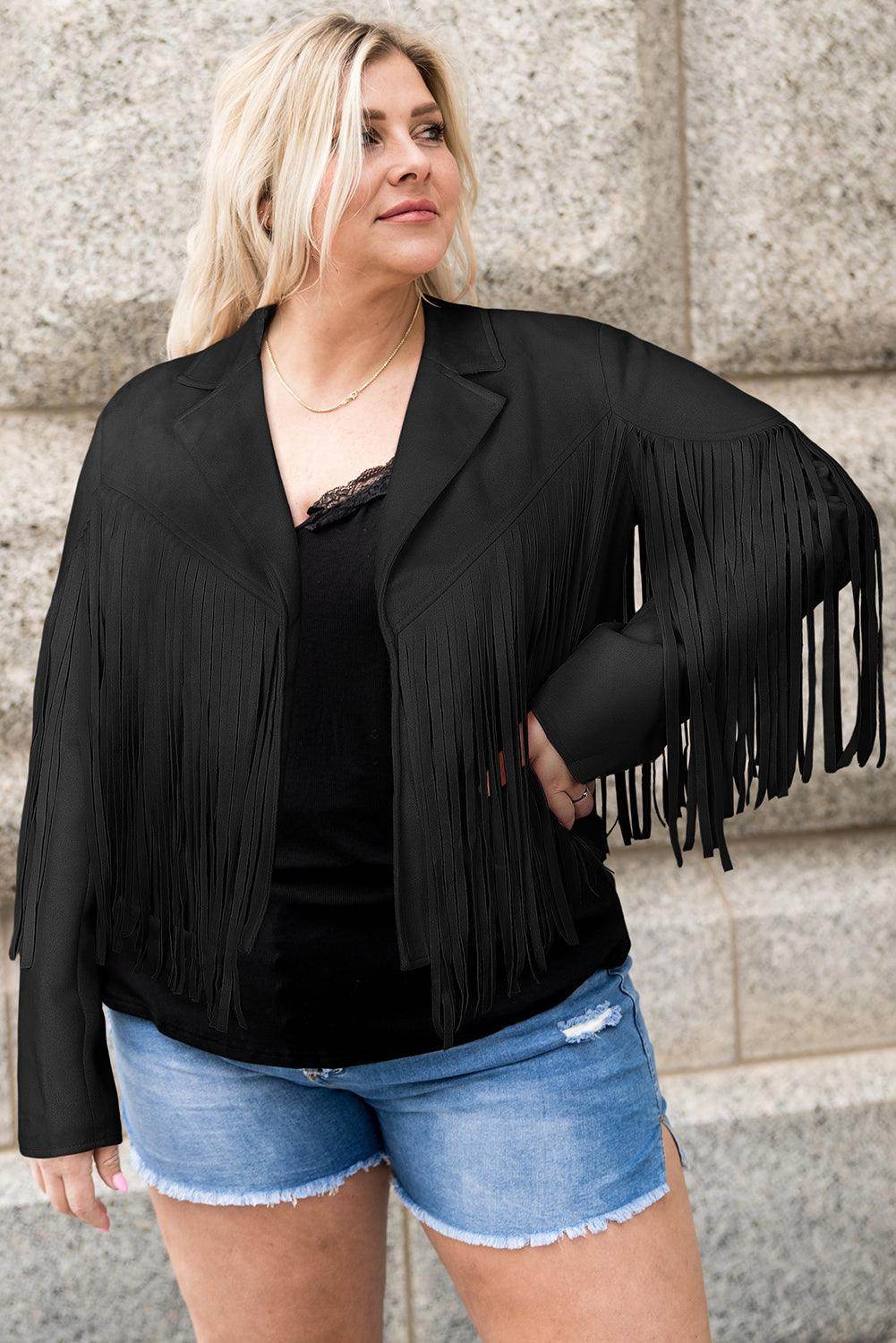 Plus Size Fringe Open Front Jacket for Stylish Layering - Selvanelle