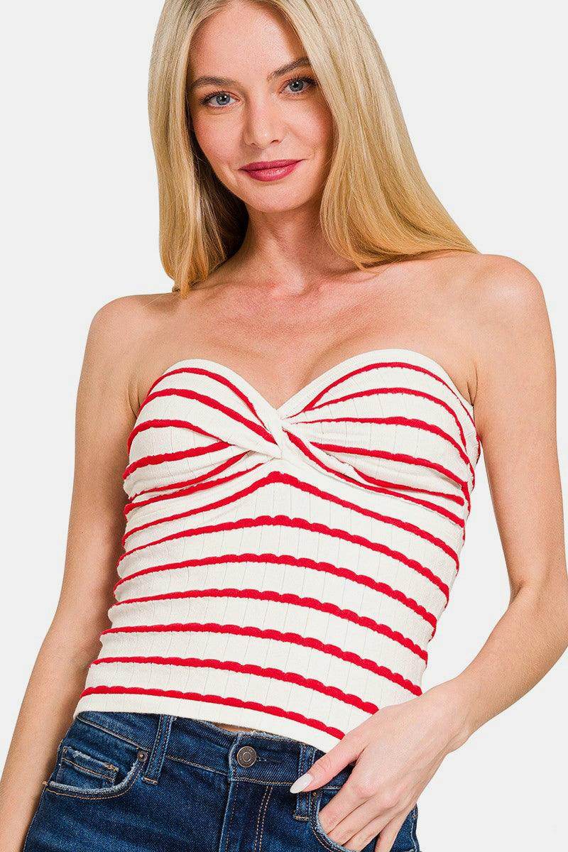 Zenana Twisted Sweetheart Neck Striped Tube Top for Women - Selvanelle