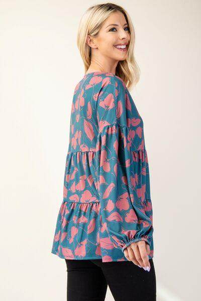 Celeste Full Size Tiered Floral V-Neck Long Sleeve Blouse - Selvanelle