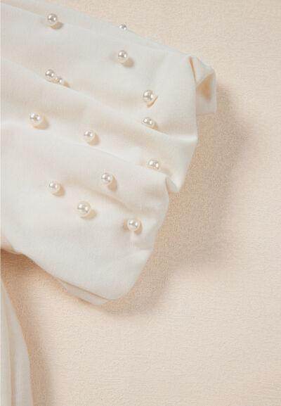 Pearl Detail Round Neck Half Sleeve Blouse for Women - Selvanelle
