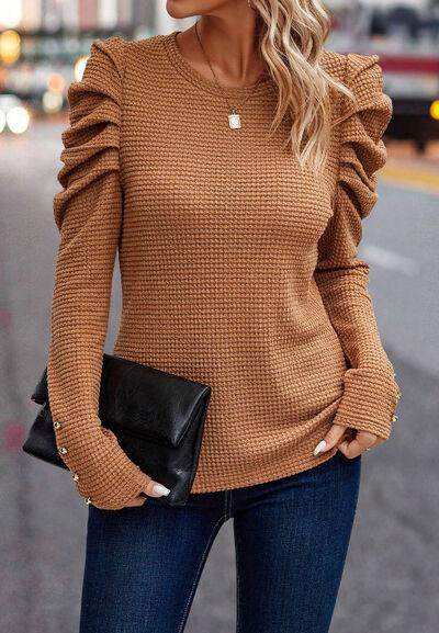 Decorative Button Round Neck Puff Sleeve Blouse for Women - Selvanelle