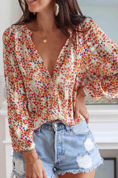 Printed Notched Long Sleeve Shirt for Stylish Comfort - Selvanelle