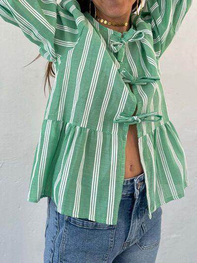 Tied Round Neck Balloon Sleeve Shirt for Stylish Look - Selvanelle