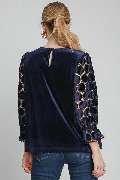 Umgee Polka Dot Lace Long Sleeve Round Neck Blouse Women - Selvanelle