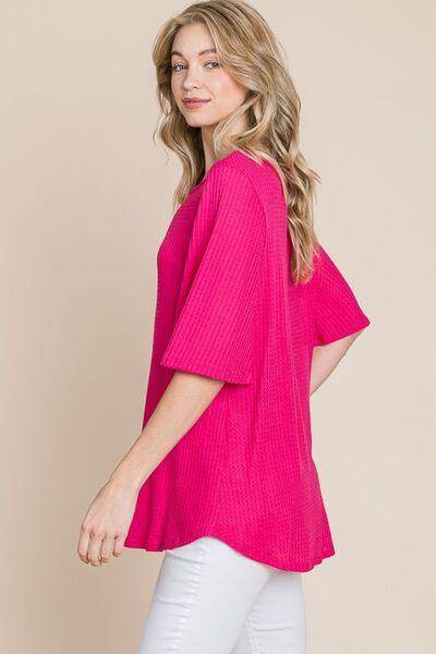 BOMBOM Round Neck Waffle Knit T-Shirt for Cozy Comfort - Selvanelle